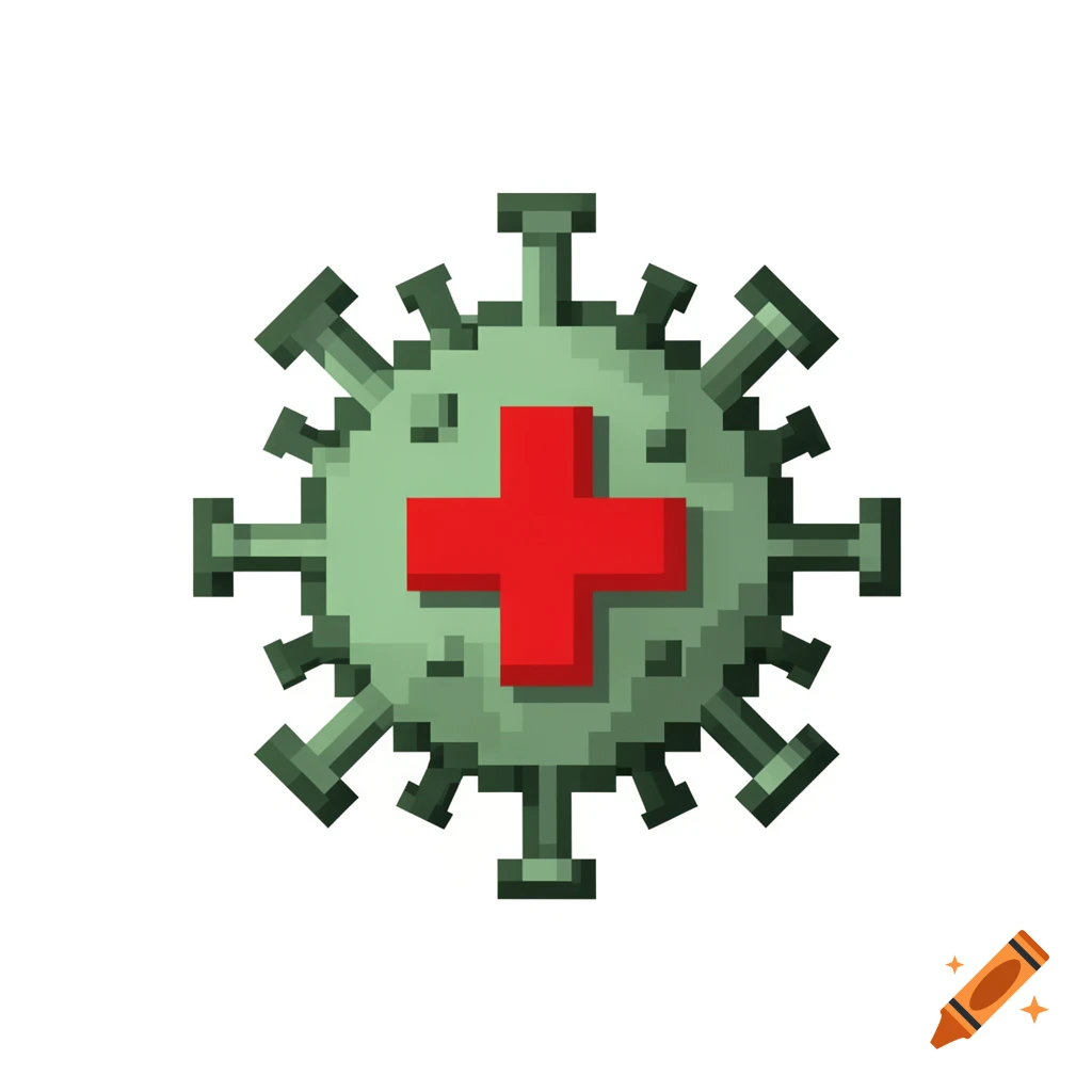 Pixel art icon of a green virus cell with a red cross symbol in its center on a white background.