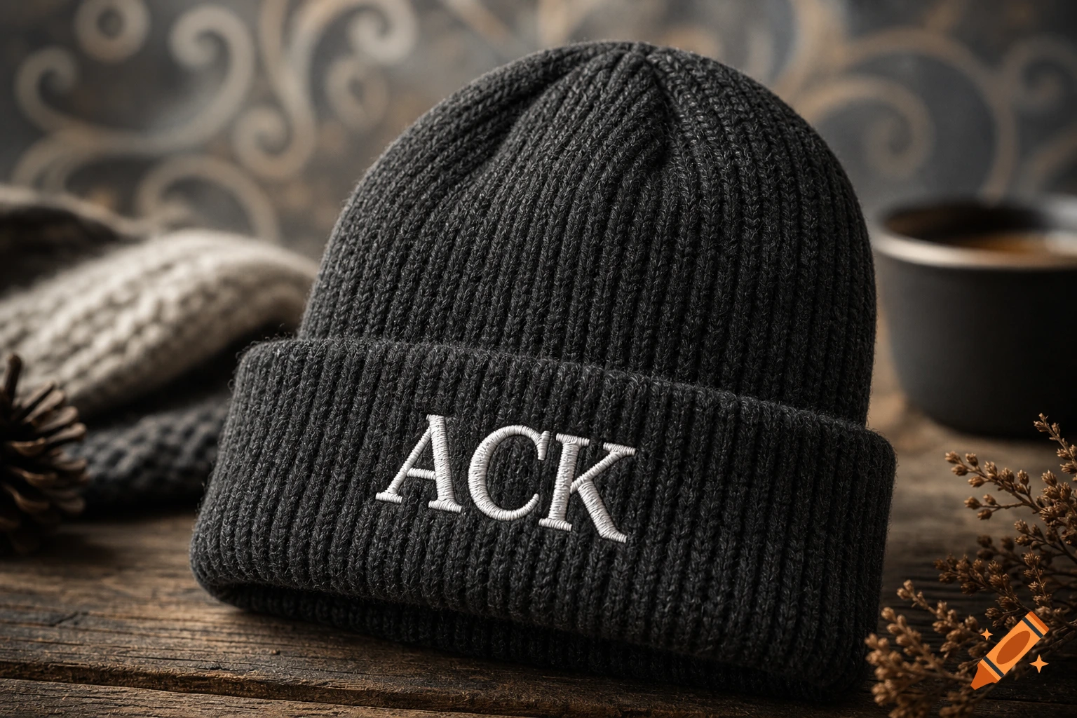 A dark gray ribbed beanie with "ACK" embroidered in white on its cuff, resting on a rustic wooden surface with a blurred background of a knitted blanket and a pinecone.
