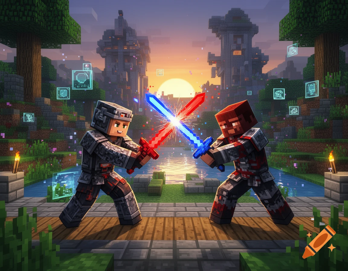 Two Minecraft-style characters in battle, one with a red glowing sword and the other with a blue, in a fantasy world with castles at sunset.