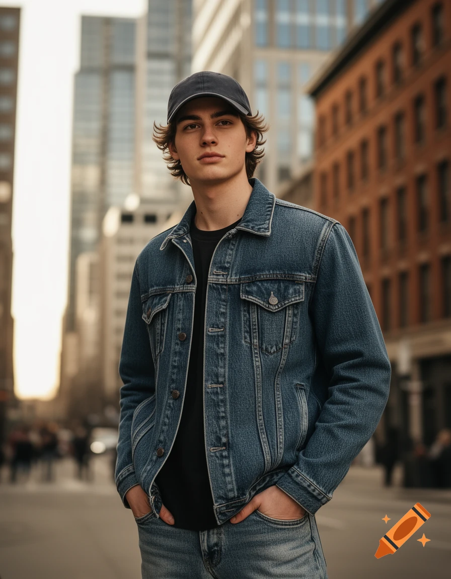 A young man in a denim jacket, black t-shirt, jeans, and baseball cap stands with hands in his pockets on a city street.