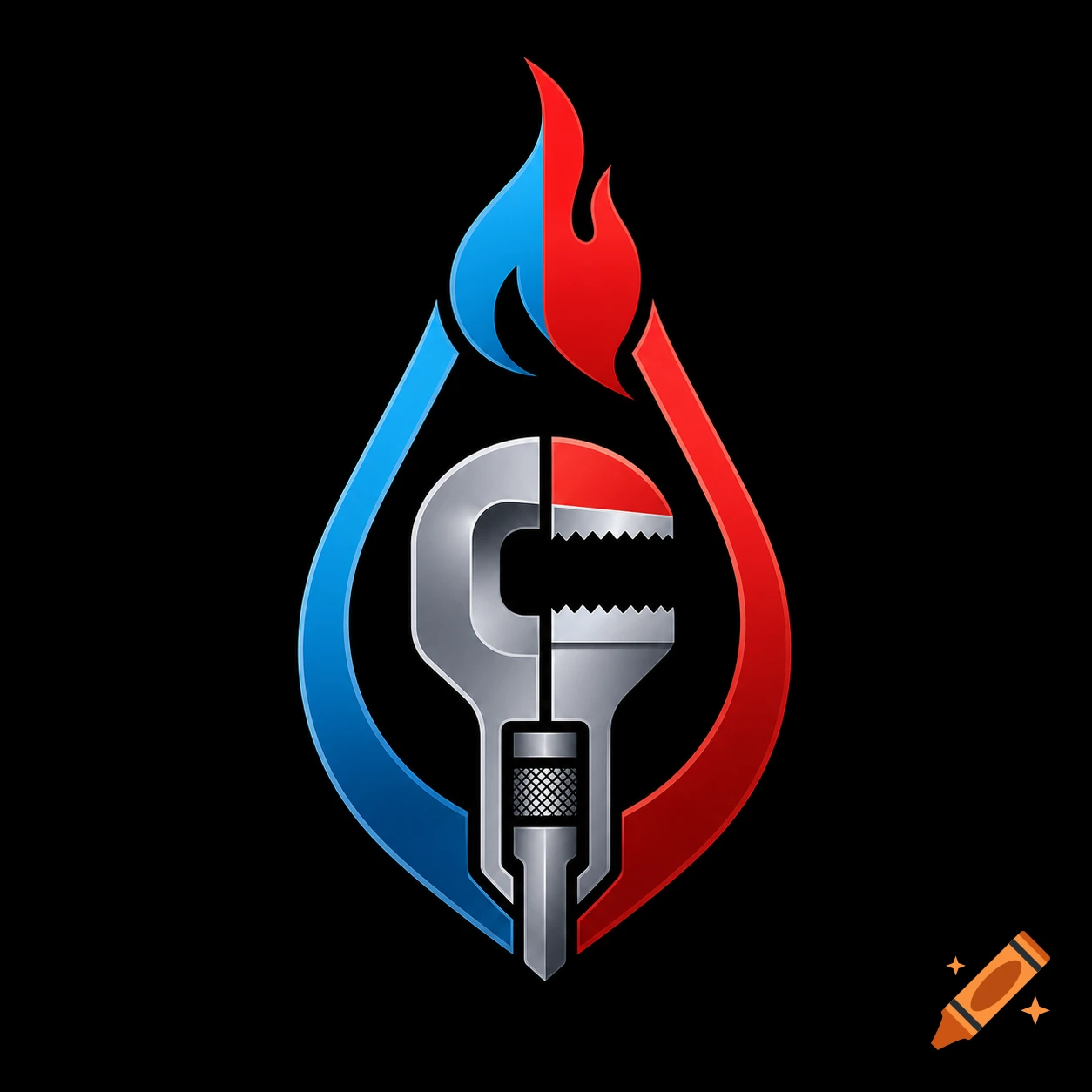 Stylized logo featuring a silver pipe wrench within a combined blue water droplet and red flame shape on a black background.