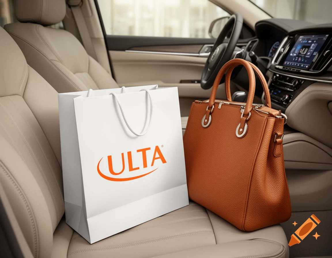 A white ULTA shopping bag and a brown leather designer handbag on the beige leather passenger seat of a car.