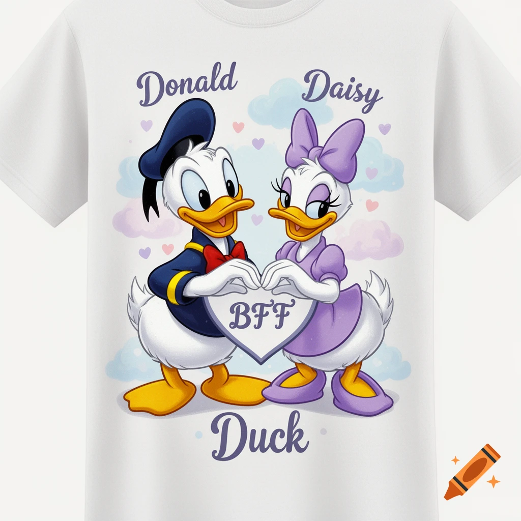 Donald Duck and Daisy Duck forming a heart with 'BFF' on a white t-shirt, with text 'Donald', 'Daisy' and 'Duck'.