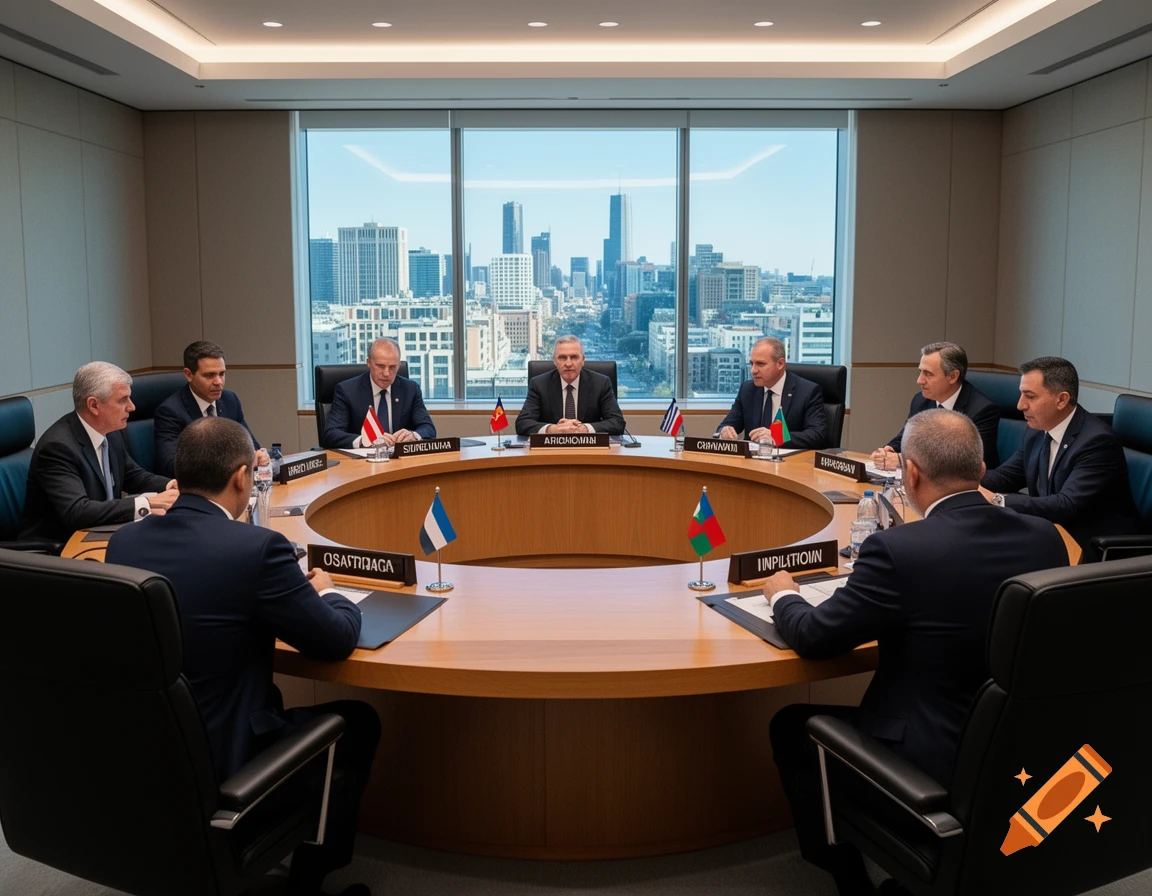 Photorealistic image of men in suits around a circular meeting table with flags and name tags, overlooking a city skyline.