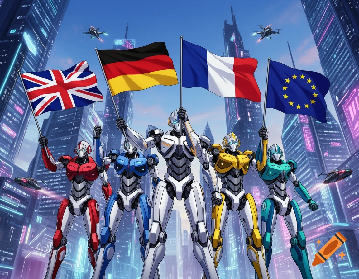 Five colorful robots hold the British, German, French, and European Union flags in a futuristic cityscape.