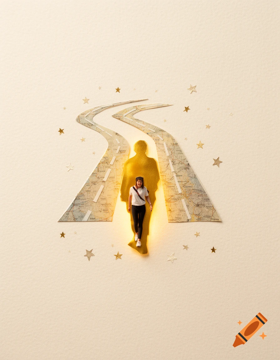 Collage of a person walking on a map-road with a glowing silhouette, surrounded by small stars on textured paper.
