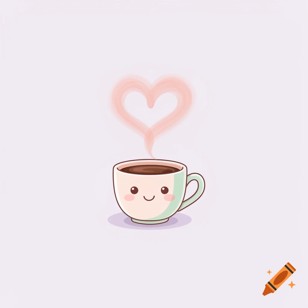 A cute cartoon coffee cup with a happy face, emitting pink heart-shaped steam on a light background. Minimalistic style, pastel colors.