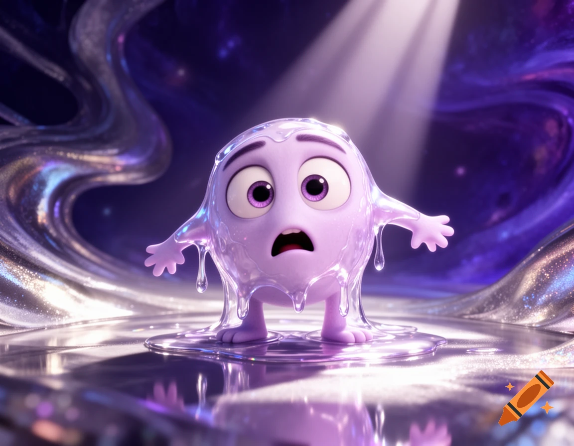 A wide-eyed, purple cartoon character, resembling Fear from Inside Out, covered in clear dripping slime, stands on a reflective surface.