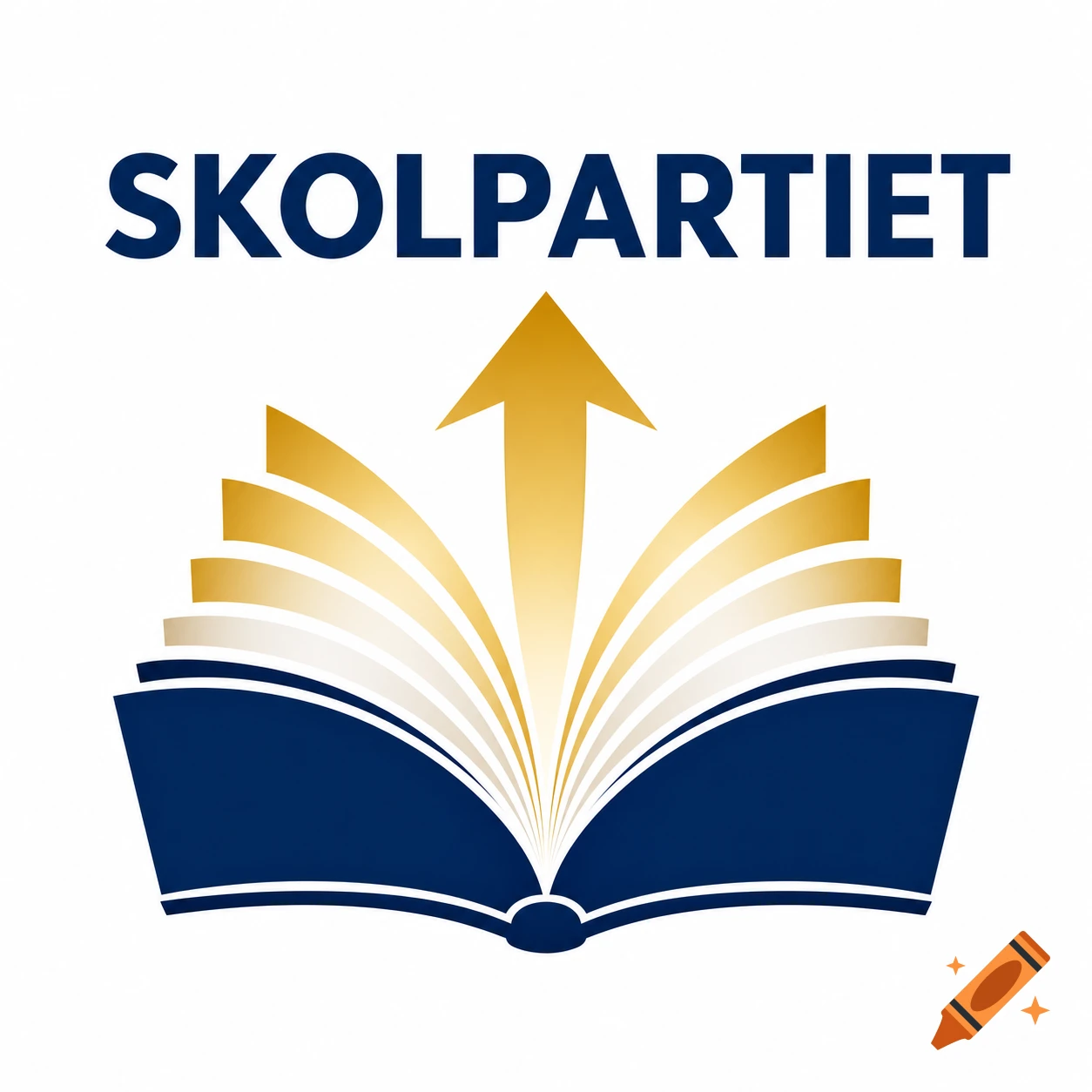 A logo featuring a dark blue open book with golden fanned pages and an upward arrow, with the text SKOLPARTIET above it.