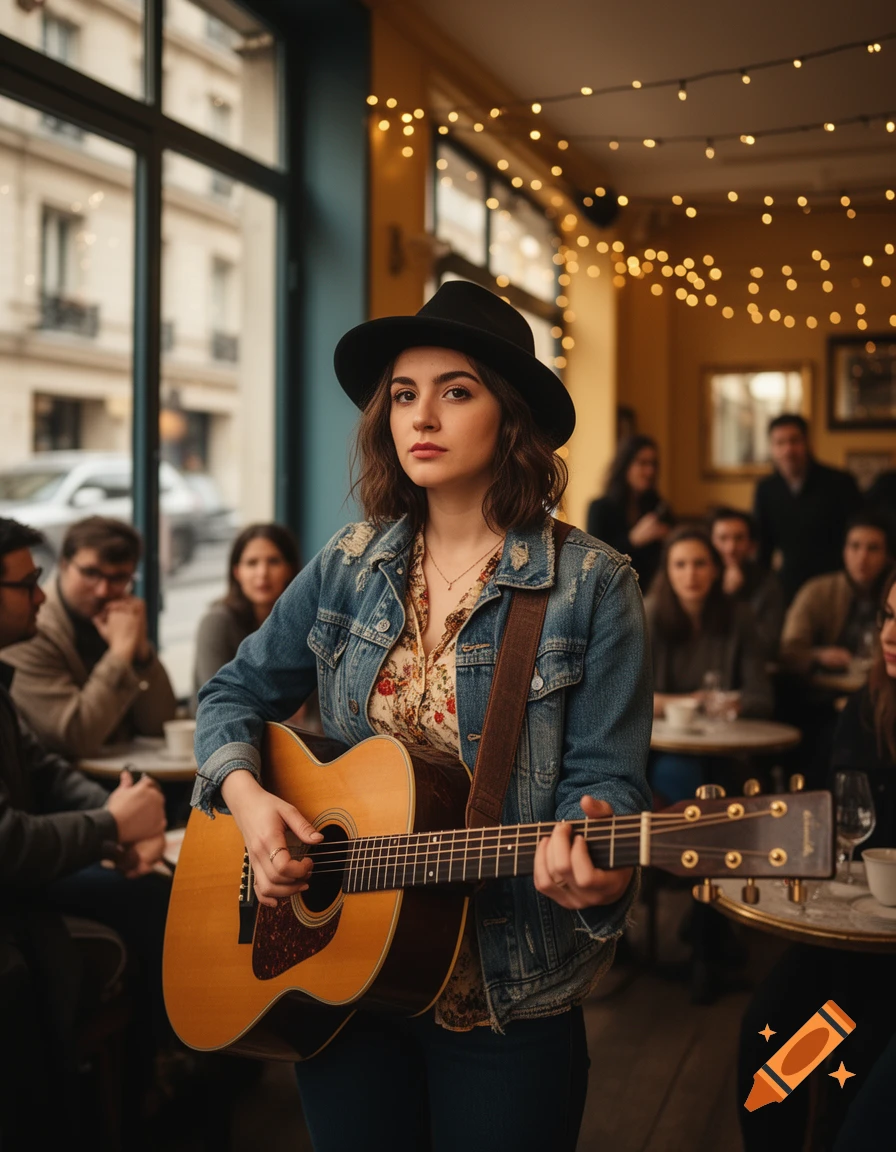 Young woman in a fedora and denim jacket playing an acoustic guitar in a cozy cafe with string lights, looking at the camera.