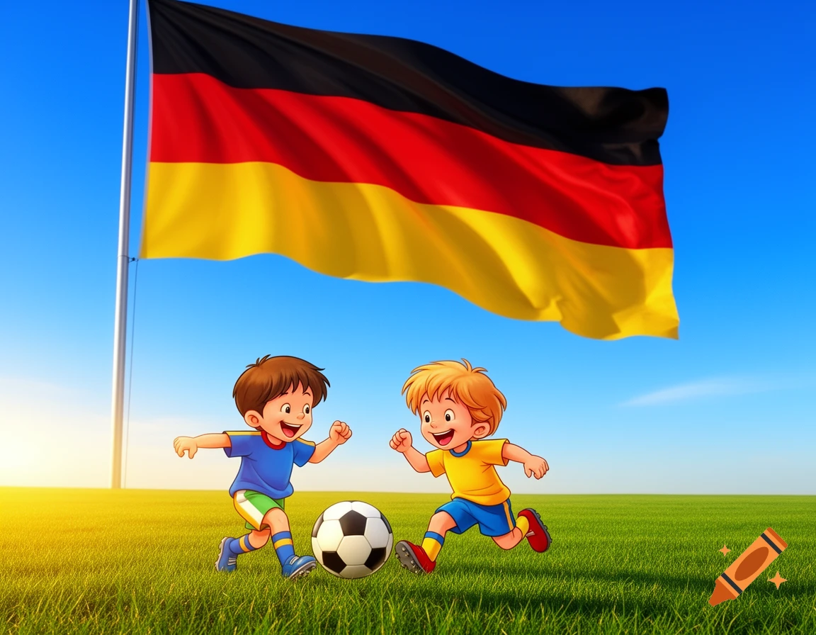 Two happy cartoon boys play soccer on green grass under a large German flag waving in a blue sky.