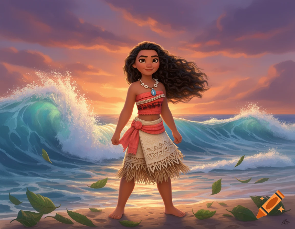 Moana stands on a sandy beach with a large wave crashing behind her, under a vibrant sunset sky.