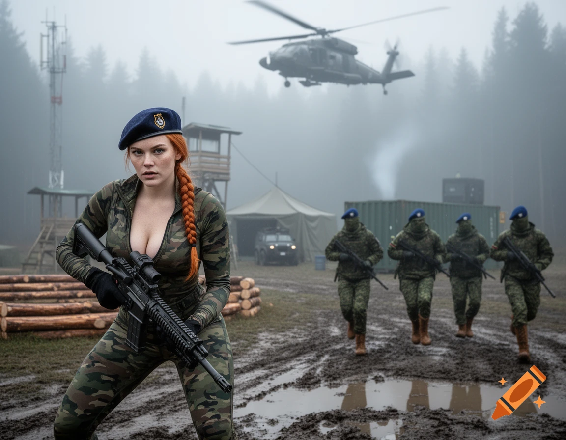Photorealistic female soldier in camo with rifle in muddy forest camp, other soldiers and helicopter in fog.