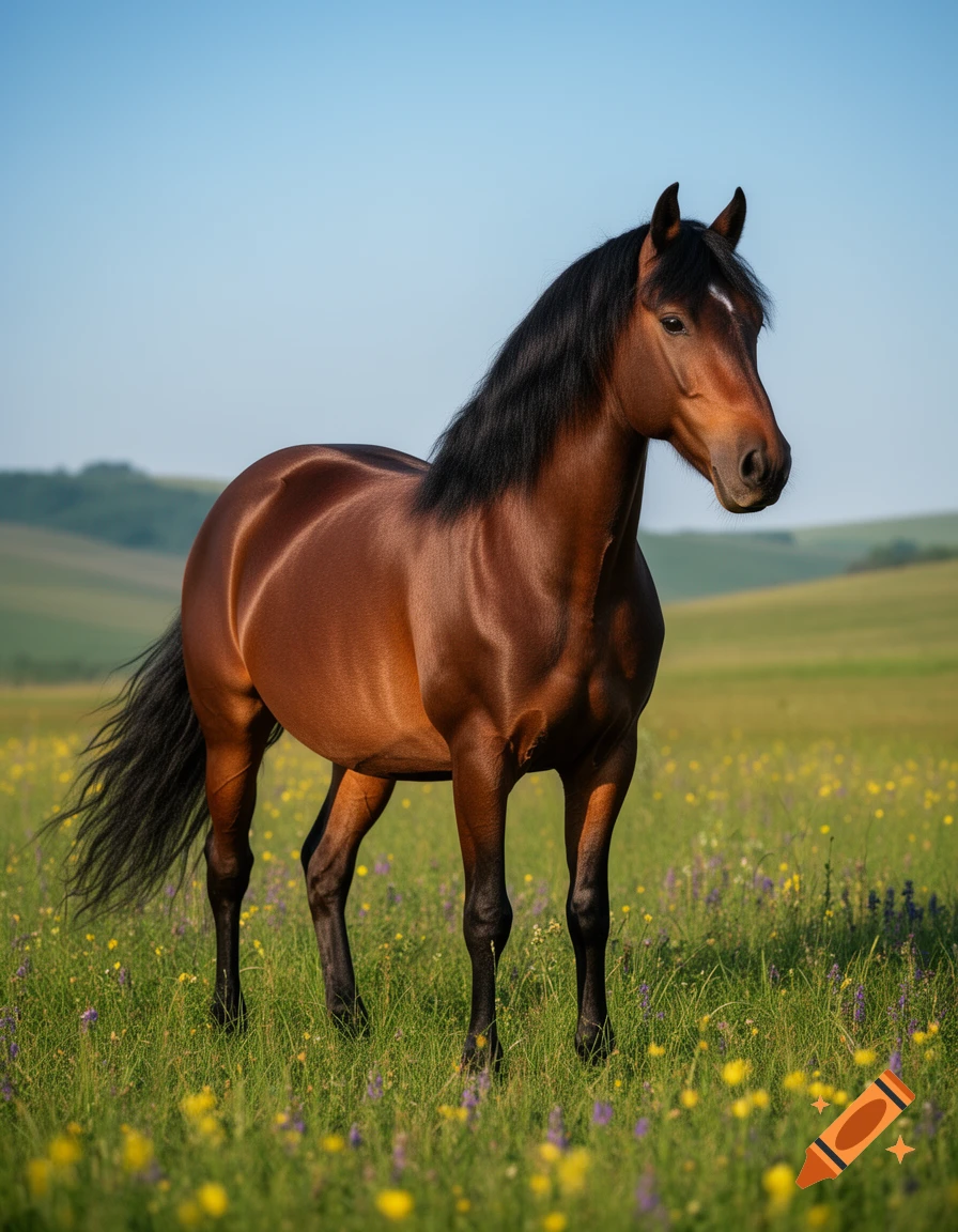 A majestic brown horse with a black mane stands in a vibrant field of yellow and purple wildflowers under a clear blue sky.