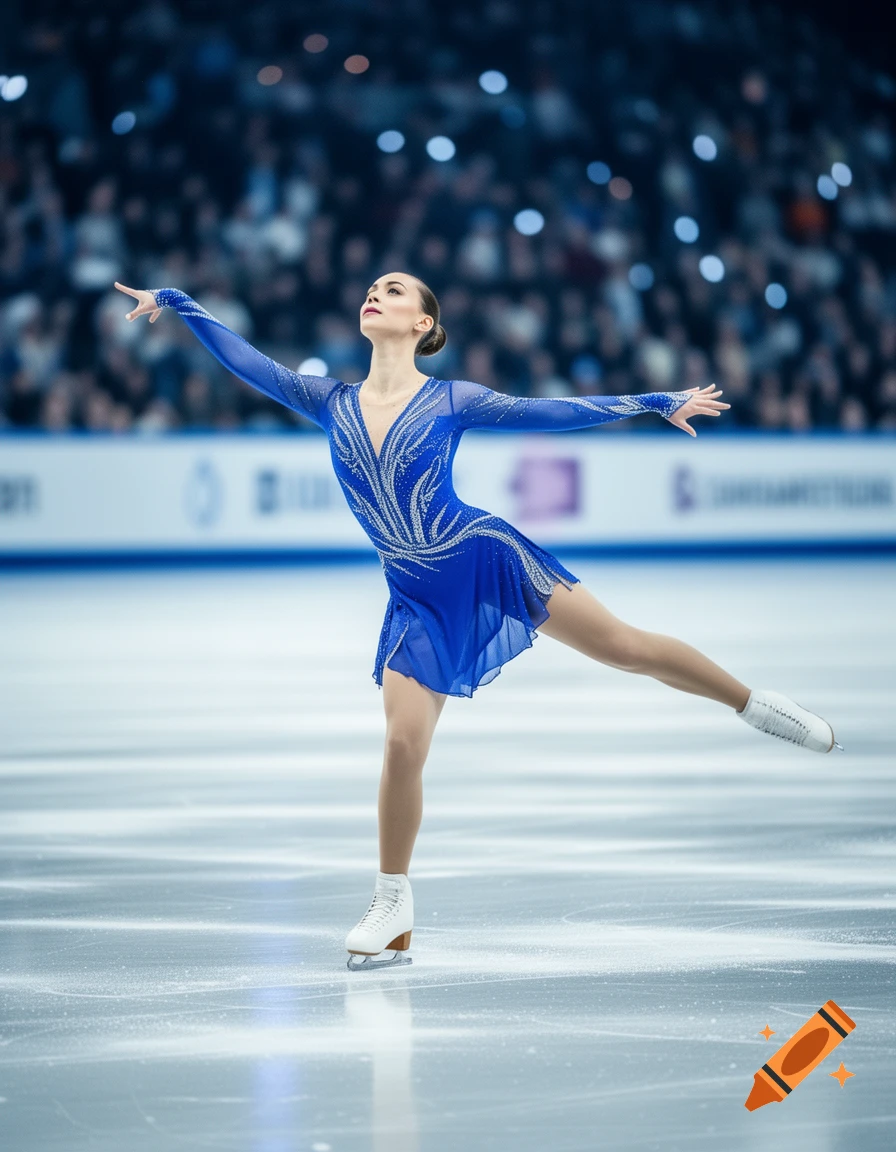 A female ice skater in a blue sparkling costume glides across the ice rink with arms outstretched during a performance.