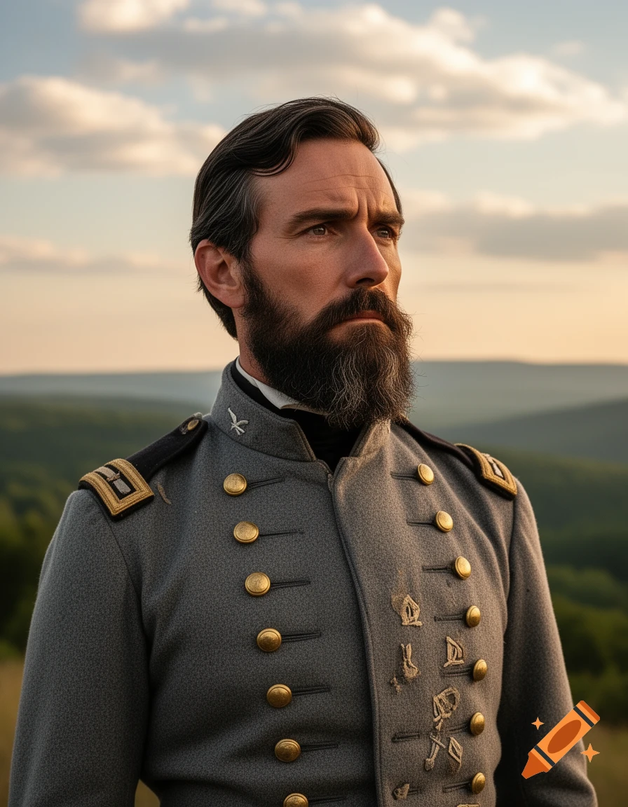 Photorealistic portrait of a bearded man in a grey Civil War-era military uniform, looking into the distance at sunset.