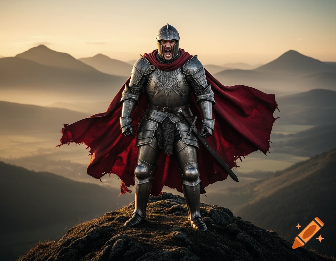 A roaring knight in detailed silver armor and a flowing red cape stands atop a rocky mountain at sunset, overlooking a misty valley.