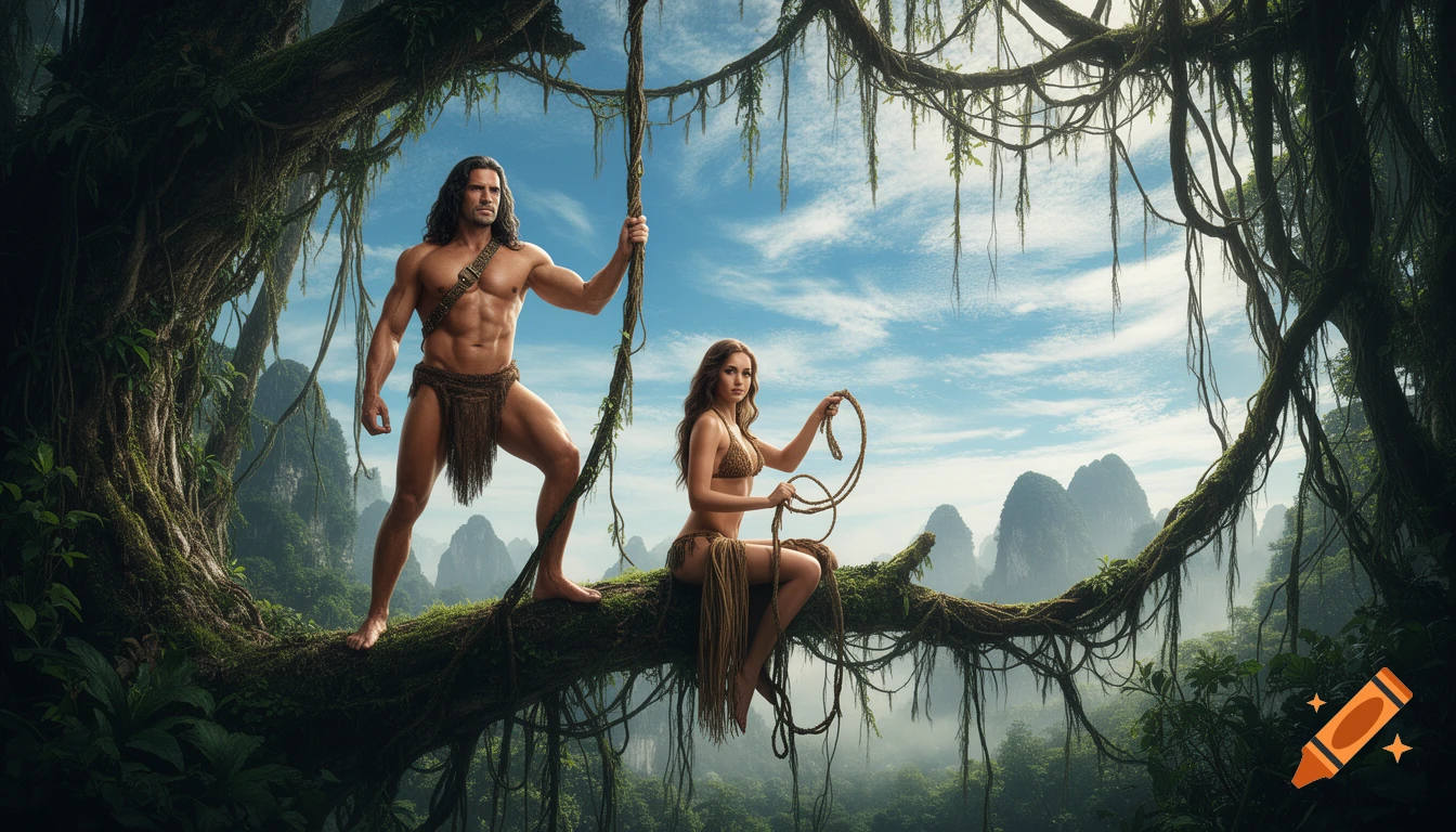 Photorealistic image of a Tarzan-like man and a Jane-like woman in a jungle, standing and sitting on a tree branch, with mountains in the background.