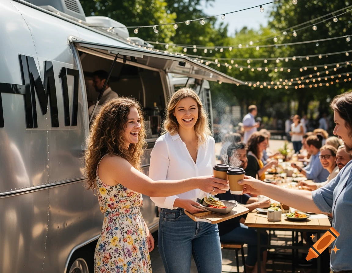 Two smiling women at a bustling outdoor food truck event, one holding coffee, surrounded by people dining at tables.