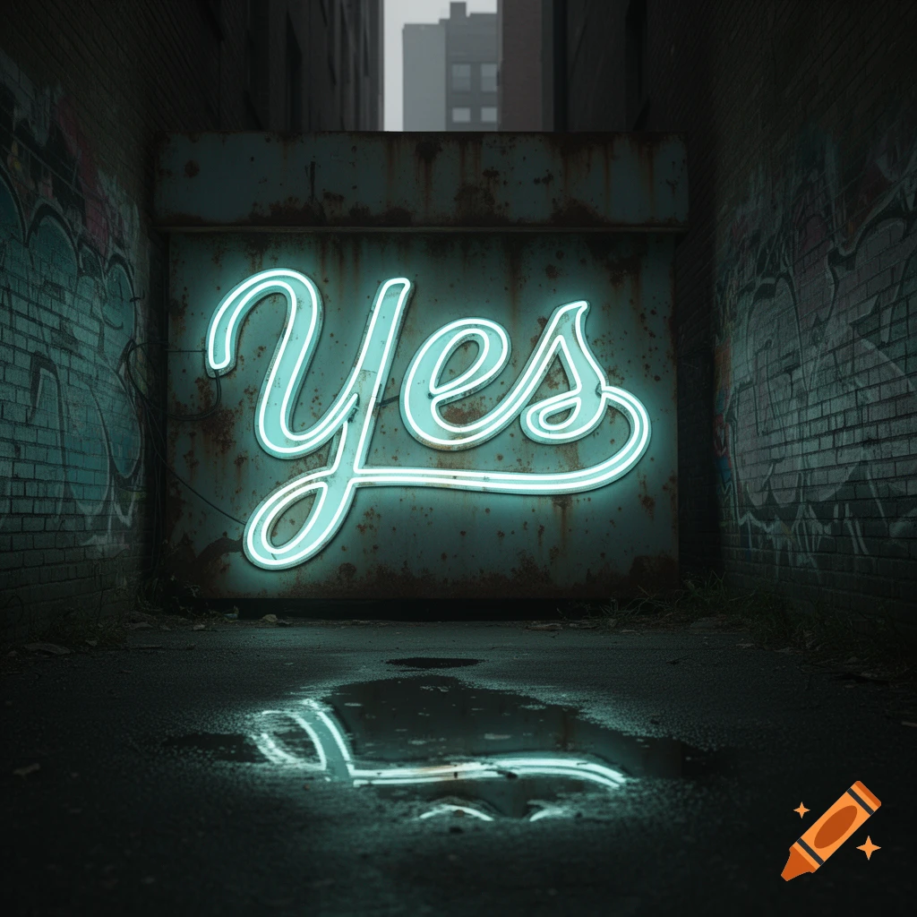 Bright teal neon sign spelling "Yes" on a rusty wall in a dark, graffiti-covered alleyway with puddle reflections.