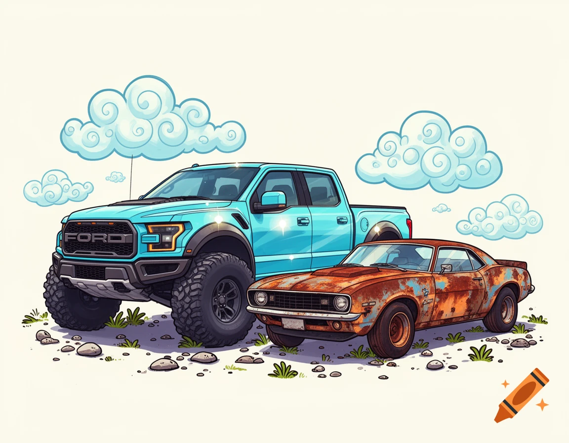 A cartoon illustration of a shiny blue Ford Raptor truck parked next to a rusty brown classic Camaro under a cloudy sky.