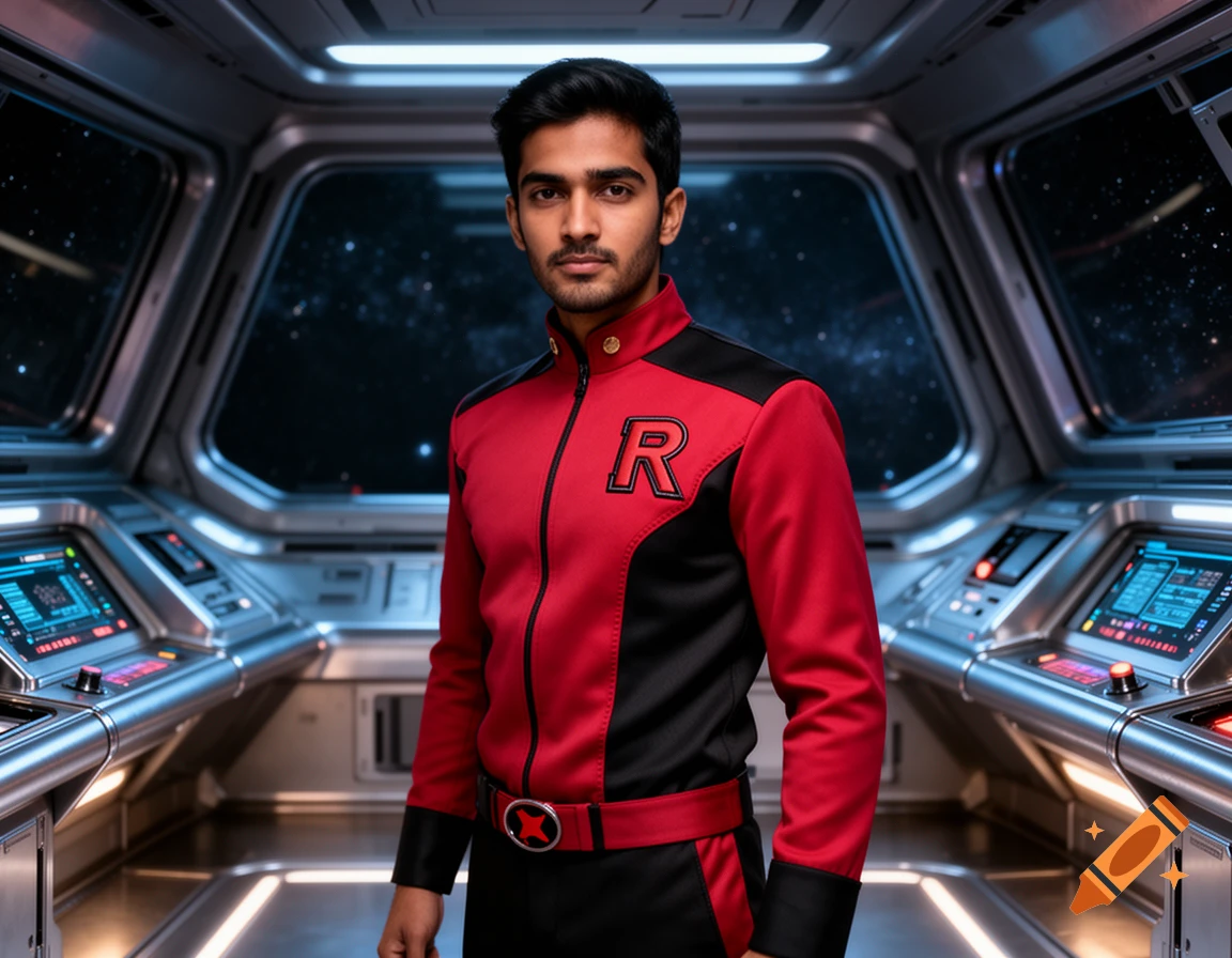 A man in a red and black uniform with an "R" symbol stands in a futuristic spaceship cockpit, gazing forward.