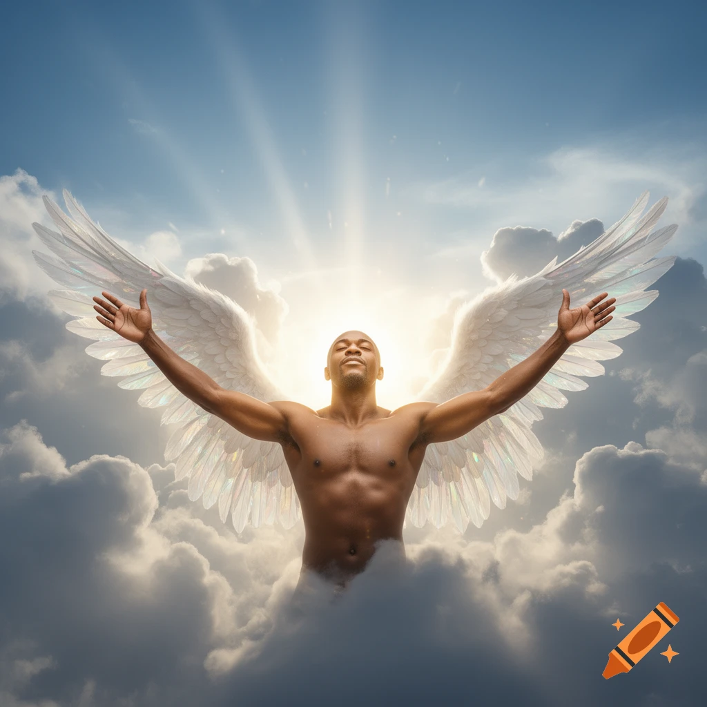 A bald shirtless man with large white angel wings stands in bright clouds, bathed in golden sunlight from above.