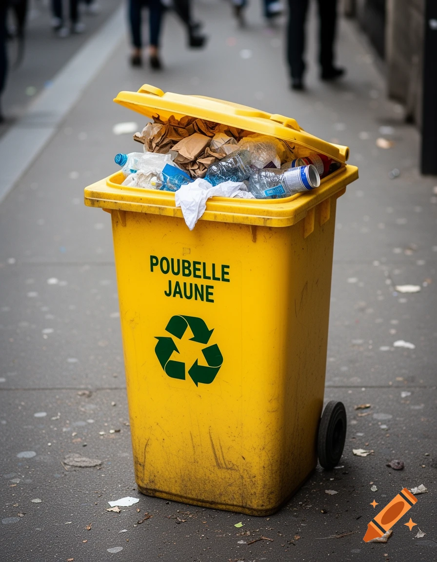 A yellow recycling bin overflowing with trash, featuring 'POUBELLE JAUNE' text and a recycling symbol, on an urban street.