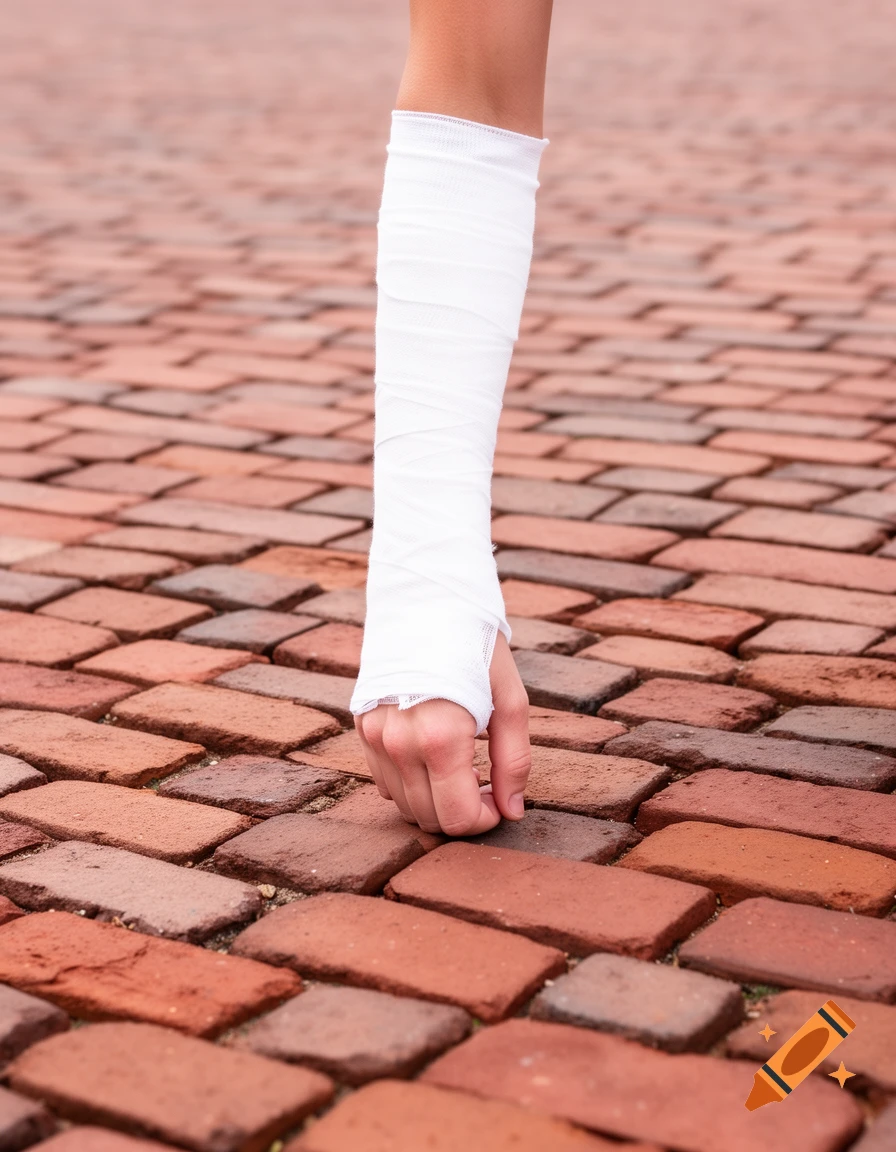 A person's bandaged forearm and hand reaching towards a brick-paved ground.