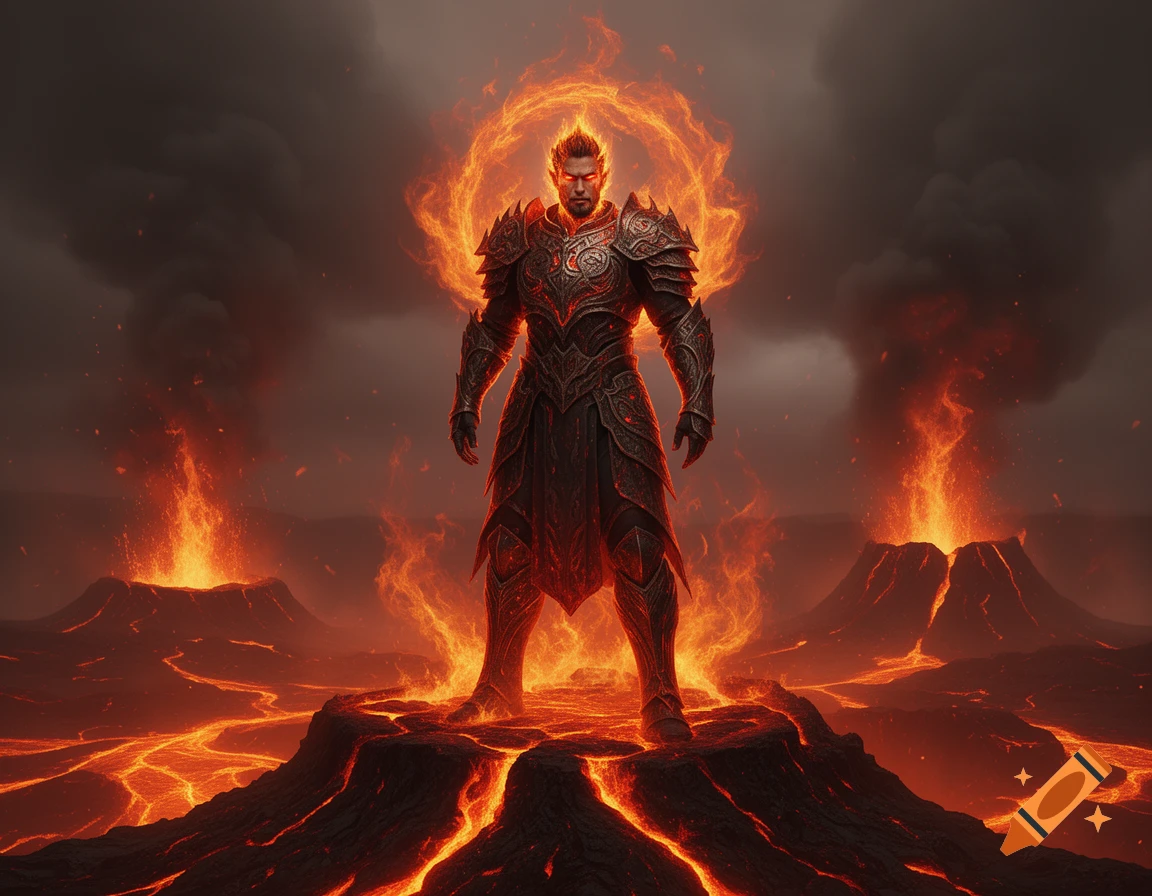 A fiery lord in ornate armor with glowing red eyes stands on a volcanic peak amid erupting volcanoes and flowing lava.