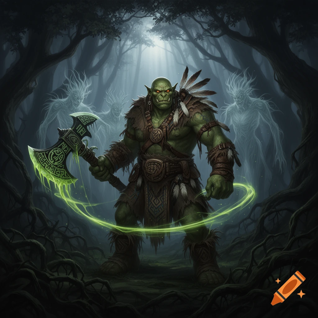 A green orc with a feathered headdress holds a glowing green axe, standing in a dark, misty forest with ghostly figures and a magical ring.