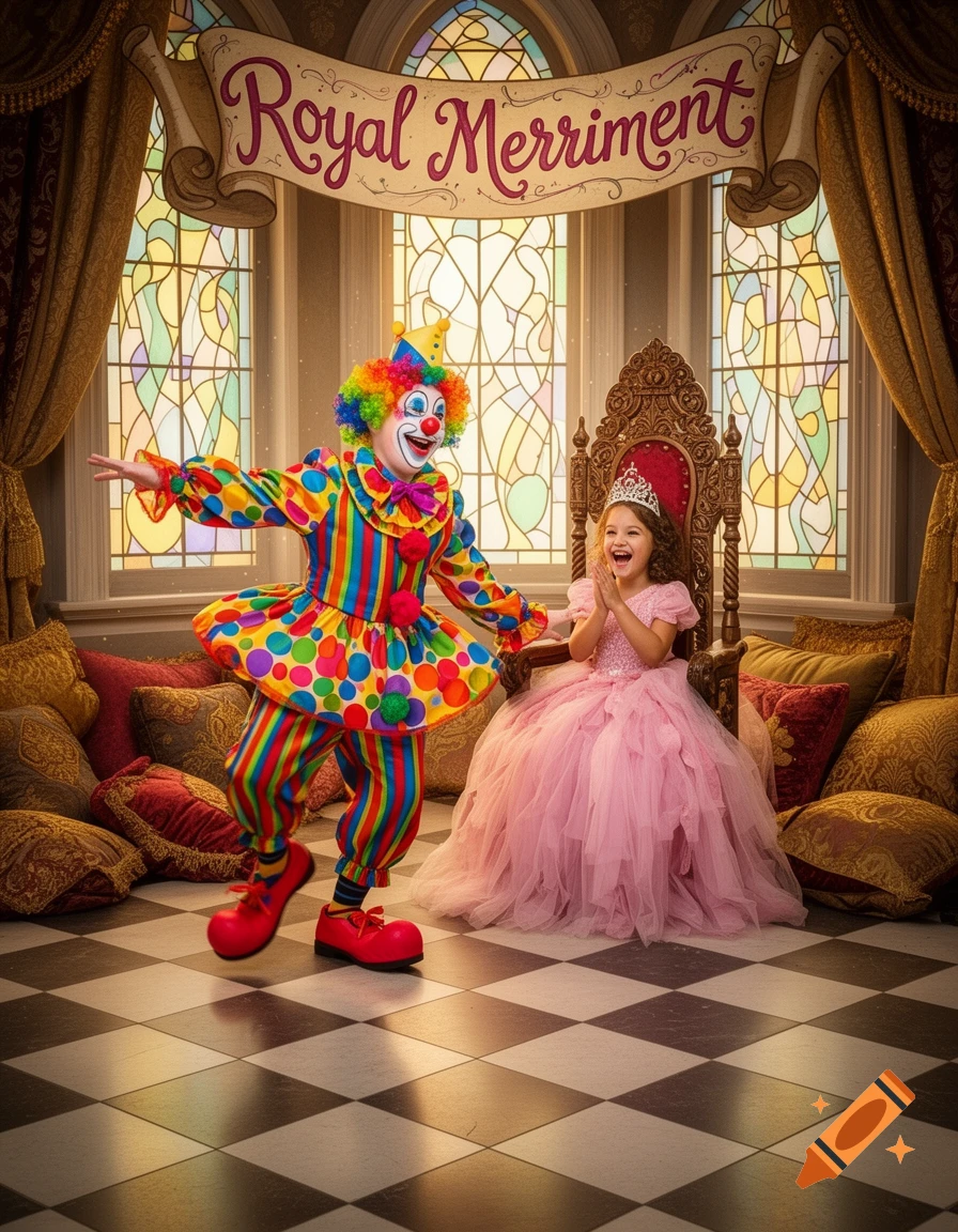 A colorful clown dances playfully for a laughing young princess seated on a grand throne in a room with stained glass windows.