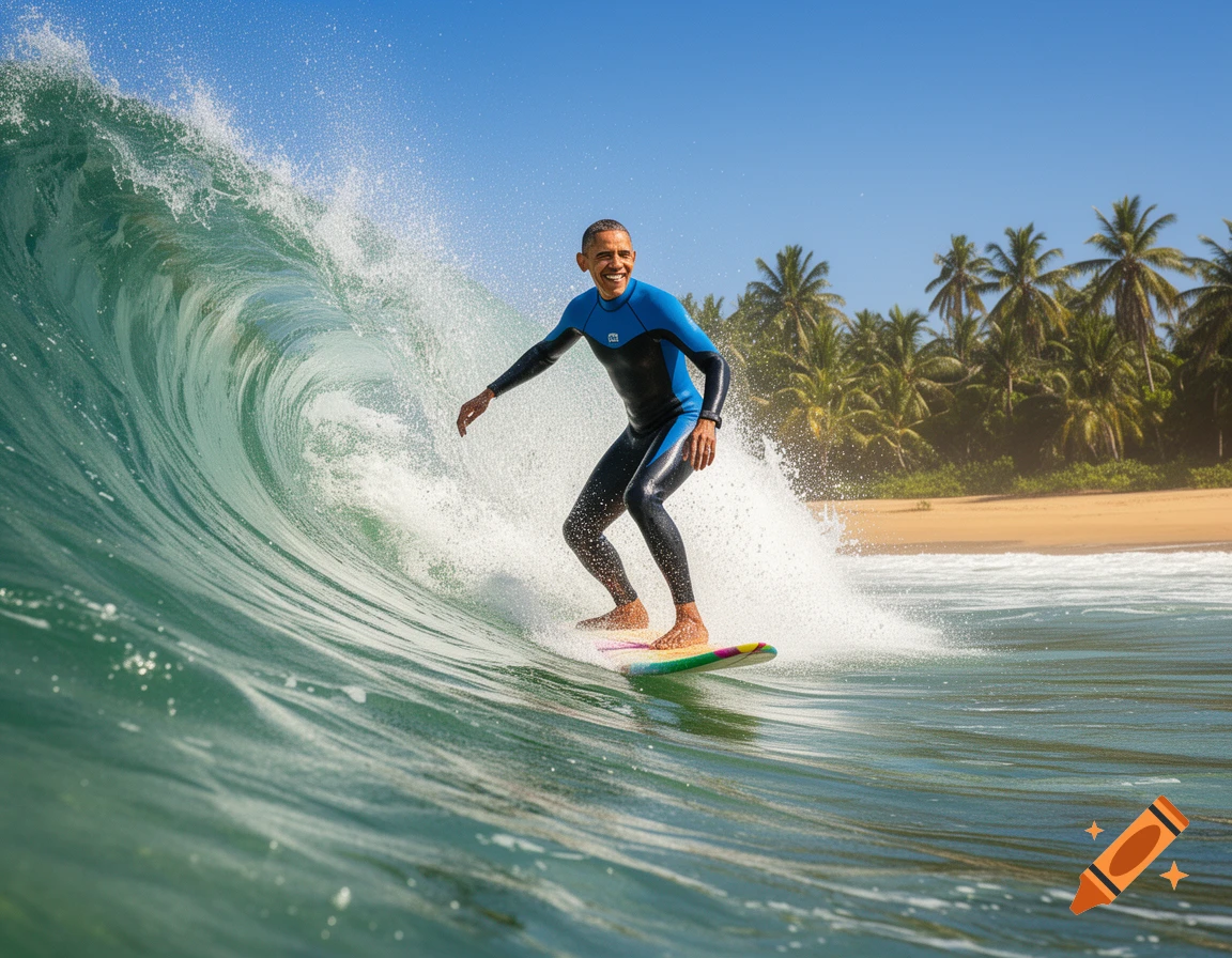 Barack Obama in a wetsuit skillfully rides a wave on a colorful surfboard, with a sunny tropical beach and palm trees in the background.