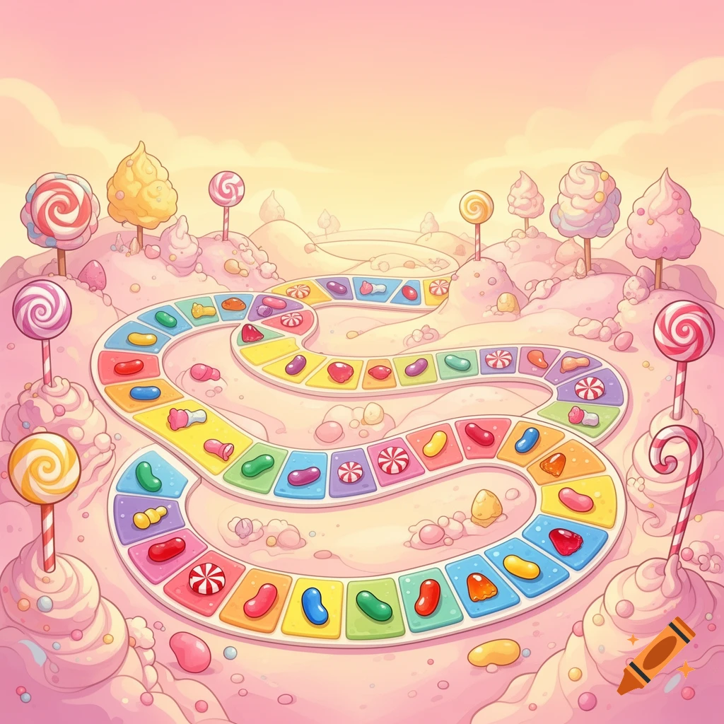 A colorful, cartoon-style board game path winding through a candy landscape with lollipops, jelly beans, and candy trees.