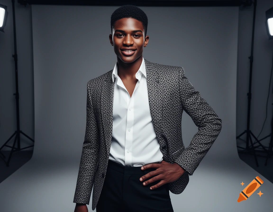A smiling young Black man in a speckled suit jacket and white shirt poses in a studio with grey background and bright lights.