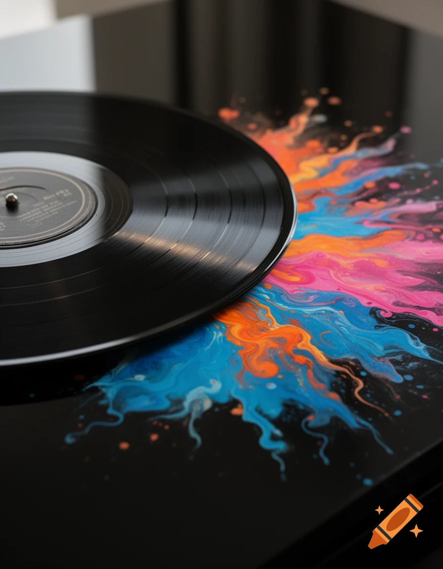 A black vinyl record partially covers vibrant orange, pink, and blue paint splashes on a dark, reflective surface.