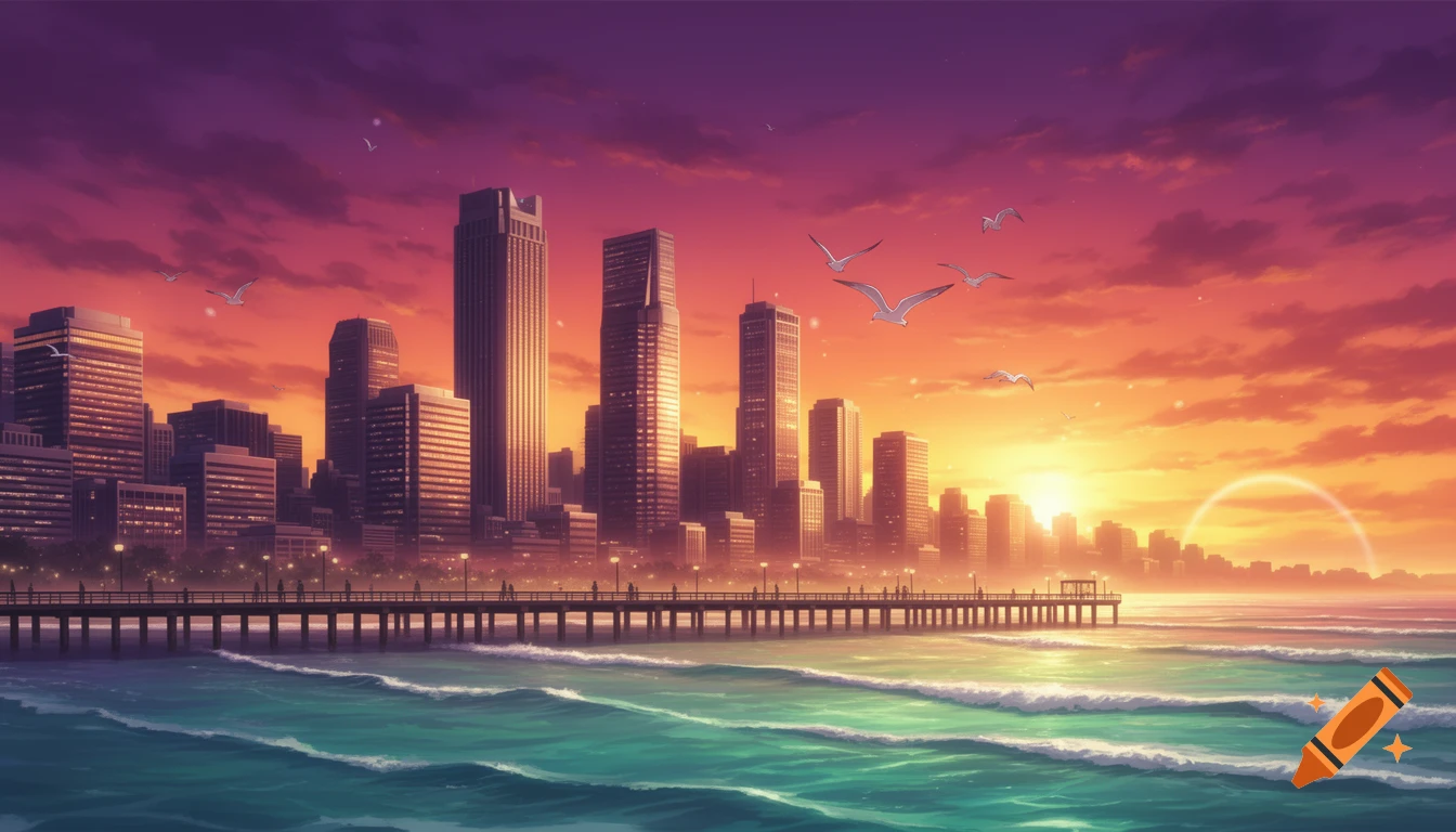 Anime cityscape at sunset with a pier over the ocean, gulls flying in a purple and orange sky.