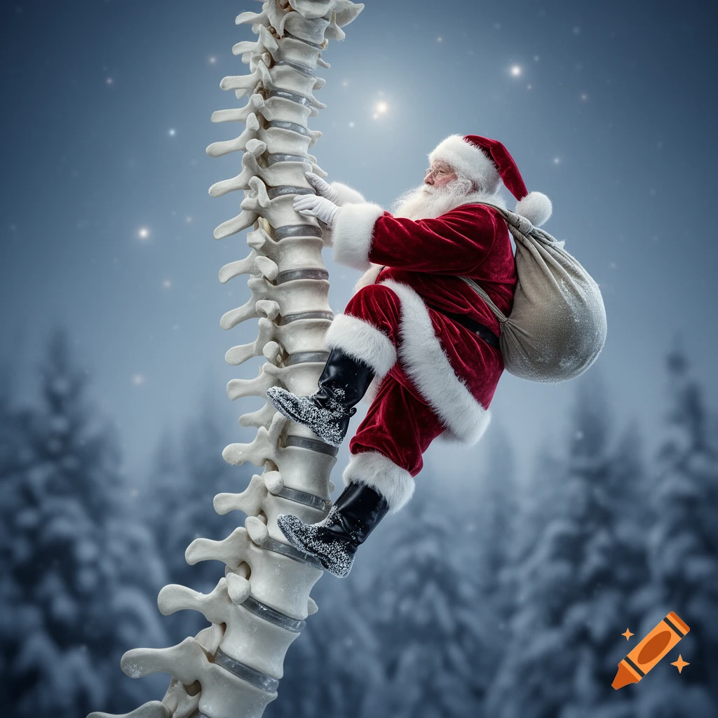 Photorealistic image of Santa Claus in a red suit climbing a giant spinal column in a snowy, star-filled night.