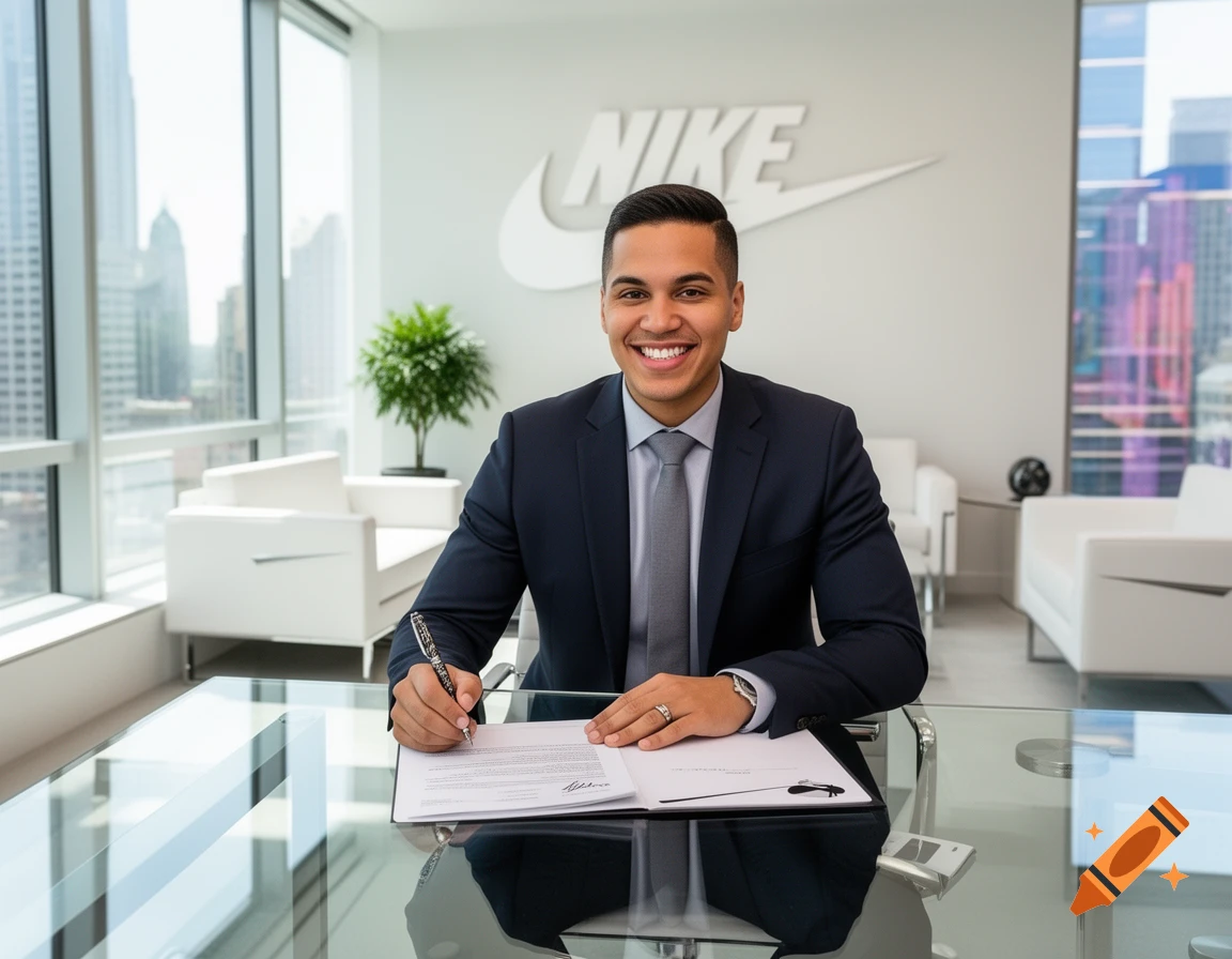 A smiling man in a suit signs a contract at a glass desk in a modern office with a large Nike logo on the wall and a city skyline view.