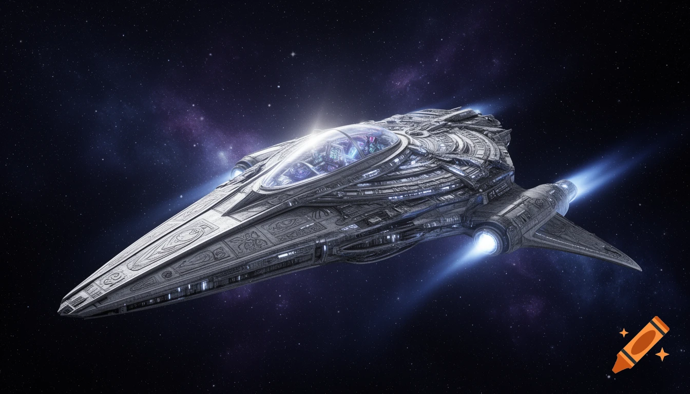 A detailed, futuristic silver-grey spaceship with intricate designs, glowing blue engines, and a clear cockpit flies through a starry nebula.