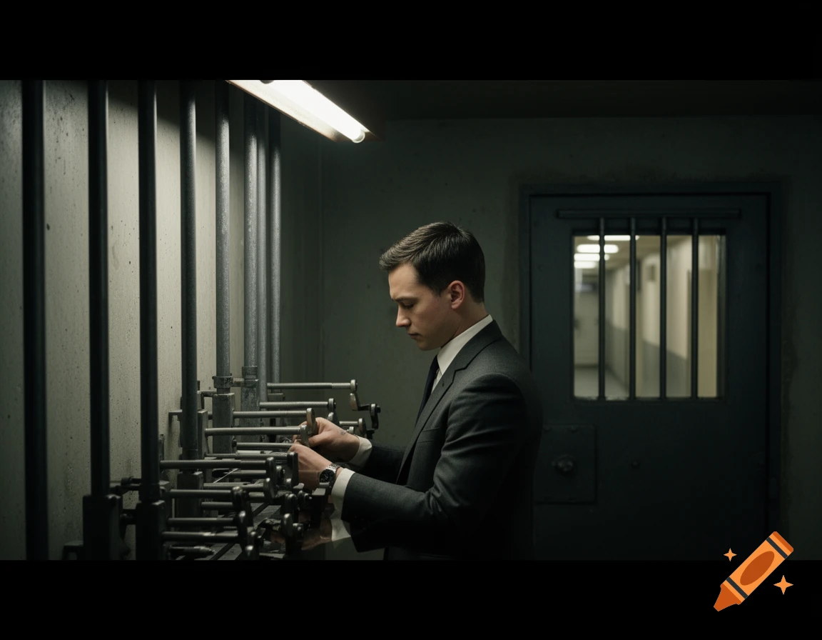 A man resembling Joseph Gordon-Levitt operates levers in a dimly lit prison cell, cinematic style.