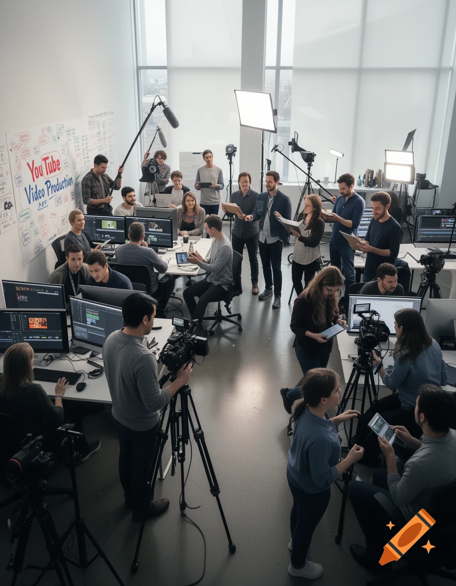 An overhead shot of a modern office space where about 20 people are working on video production, with cameras, lights, and computers. A whiteboard on the wall says "YouTube Video Production".