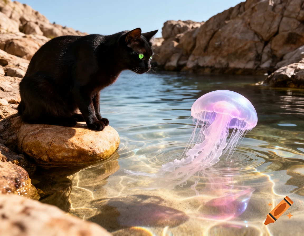 A black cat with glowing green eyes sits on a rock, intently observing a translucent pink jellyfish in clear, shallow water by a rocky shore.