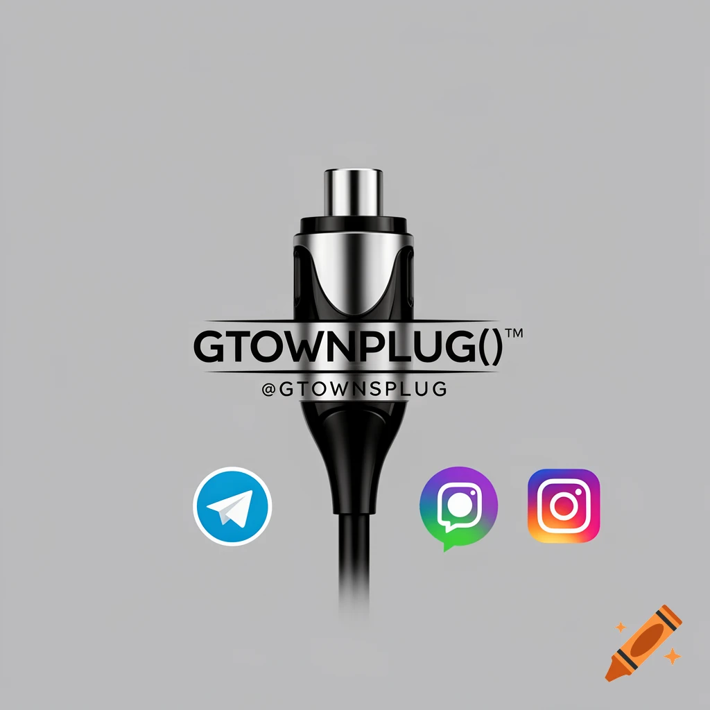 A sleek black and silver power cable head with 'GTOWNPLUG()™' and '@GTOWNSPLUG' text, along with Telegram, chat bubble, and Instagram logos on a grey background.