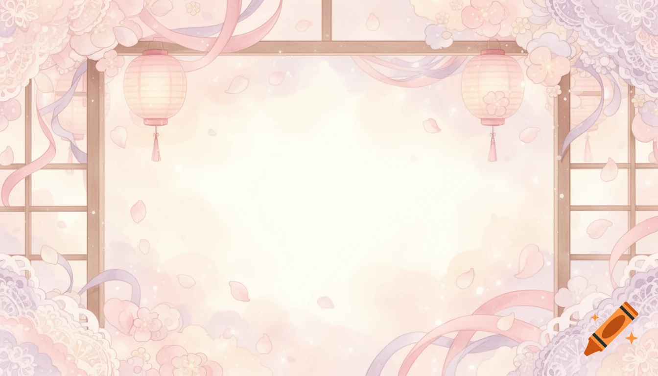 A dreamy, pastel Japanese background with lanterns, ribbons, lace, and falling cherry blossoms in a watercolor style.