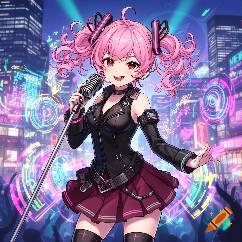Pink-haired anime girl singing into a microphone on a stage in a vibrant neon cityscape.
