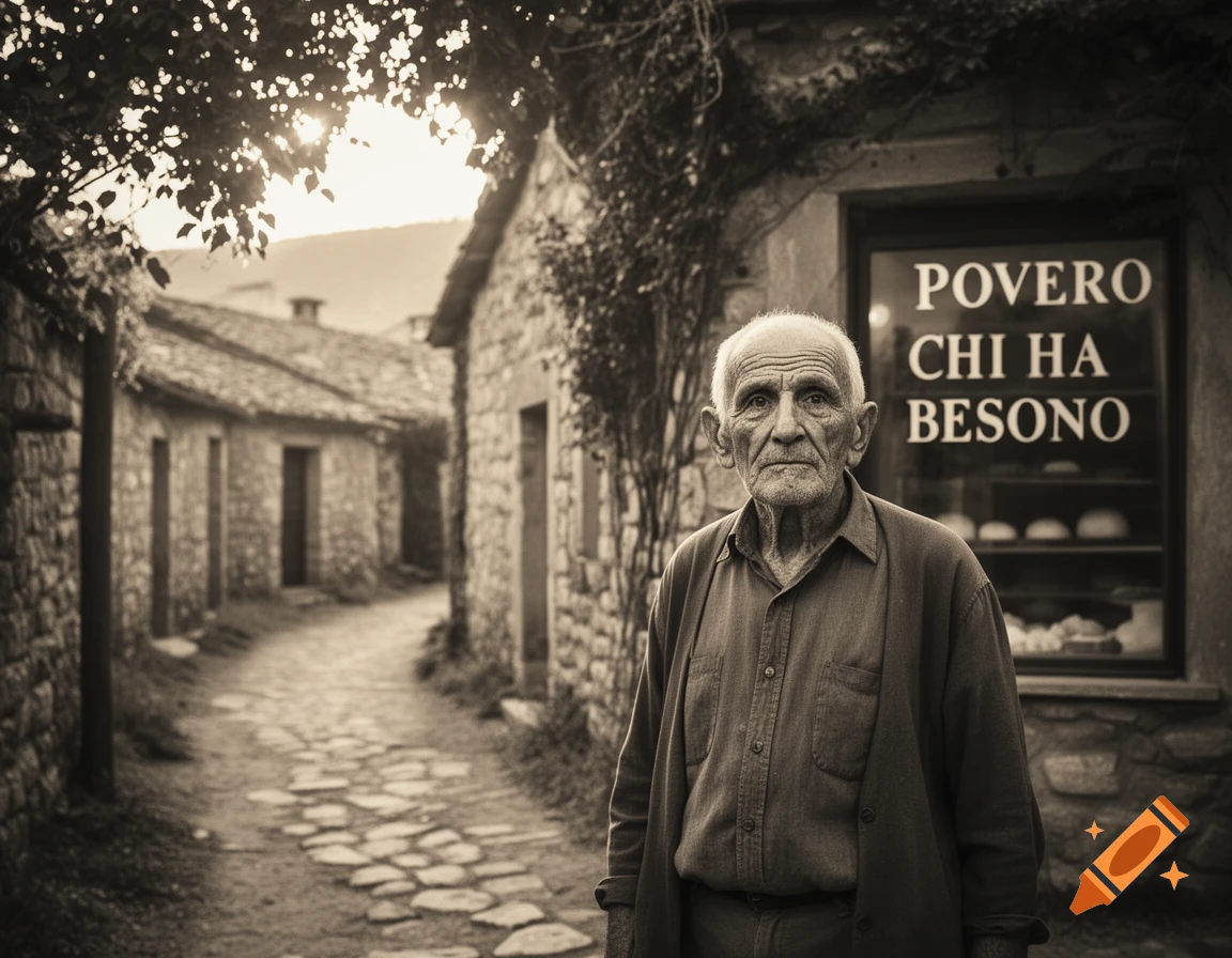 Sepia-toned photo of an old, solemn man standing on a cobblestone path in a village, with a window sign reading 'POVERO CHI HA BESONO' behind him.