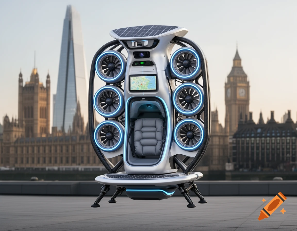 A sleek white and silver futuristic personal jetpack with blue LED lighting and multiple ducted fans stands on a rooftop with the London skyline in the background.