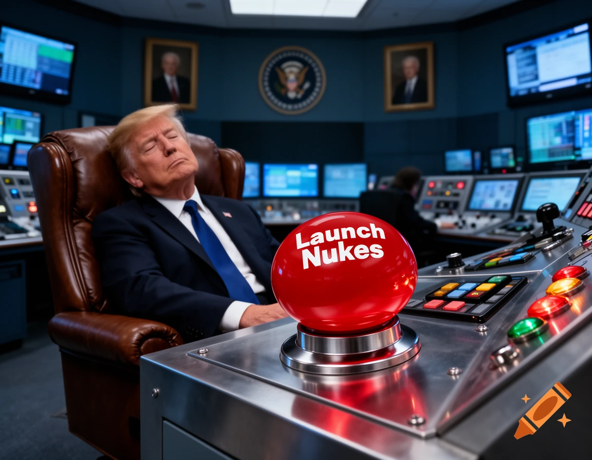 Photorealistic image of Donald Trump asleep on a large red 'Launch Nukes' button in a control room.