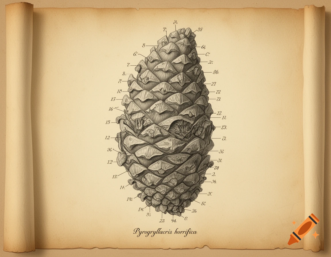 Detailed pencil drawing of a labeled pine cone or insect cocoon on aged, rolled paper in a scientific illustration style.